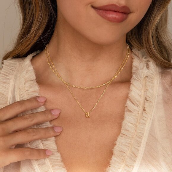 Layered Initial Pendant Necklace - Dainty 14K Gold Plated Jewelry Gift - Picture 4 of 6